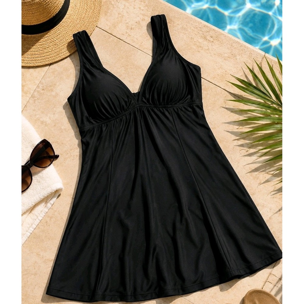 Swimsuits For All Size 16 Black Swimdress One Piece Tummy Control Swimwear